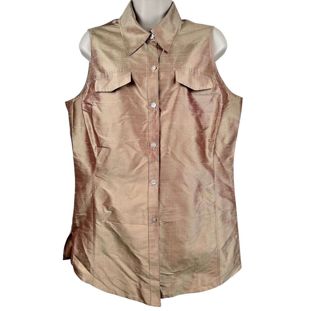 Vintage New York & Company Silk Blouse Top Button Front Y2K Iridescent Tan Lg